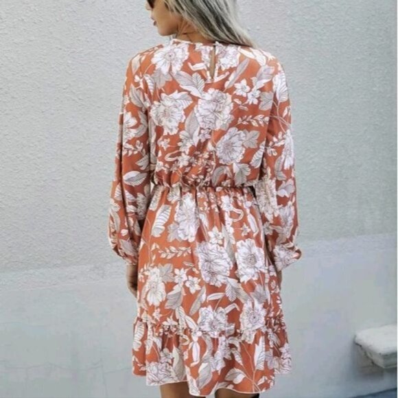 CORAL PINK A LINE FLORAL PATTERN DRESS - Picture 2 of 8